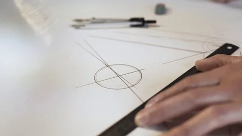 Engineer holds a pencil on whatman on a ruler Stock Footage 124210004