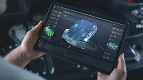 Engineer holds tablet with simulation of car diagnostics displayed on screen Foto stock
