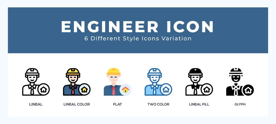 Engineer icon set. outline. glyph black. flat color and filled line color Stock Illustration