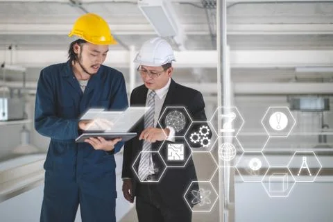 Engineer with icons about engineering and science.. Stock Photos