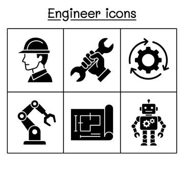 Engineer icons set with blueprint, robot arm, wrench, gear, and worker prof.. イラスト素材