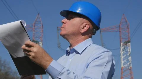 Engineer Image Work Examine Energetic Infrastructure with Clipboard in Hand Stock Photos