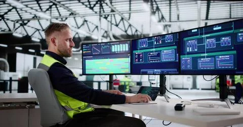 Engineer In Industrial Plant Uses Computer Software For Process Control Stock Photos