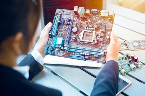 Engineer inspect final production of Printed circuit computer logic board pre Stock Photos
