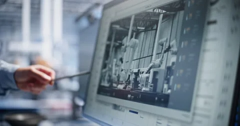 Engineer Inspecting Automated Robotic Conveyor Stream with Stylus Stock Footage 344386084