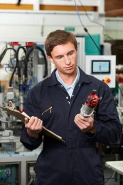 Engineer Inspecting Component In Factory Stock Photos
