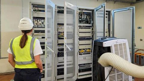 Engineer Inspecting Control Cabinets in Automation Room Stock Photos
