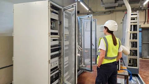 Engineer Inspecting Control Cabinets in Automation Room Stock Photos