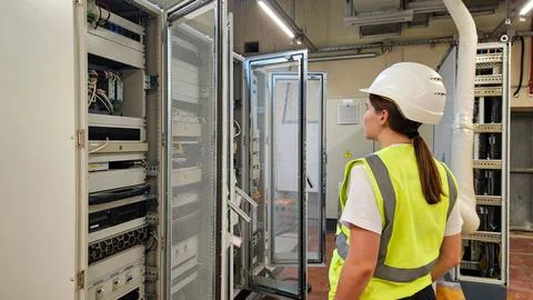 Engineer Inspecting Control Cabinets in Automation Room Stock Photos