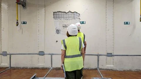 Engineer inspecting cracked wall structure at industrial site Stock Photos