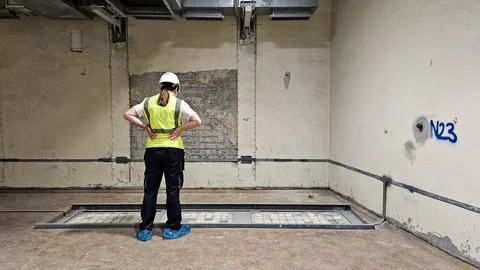 Engineer inspecting cracked wall structure at industrial site Stock Photos