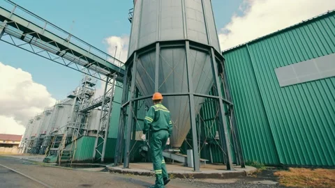 Engineer inspecting grain storage elevators. An employee of an agricultural Video stock 155183686