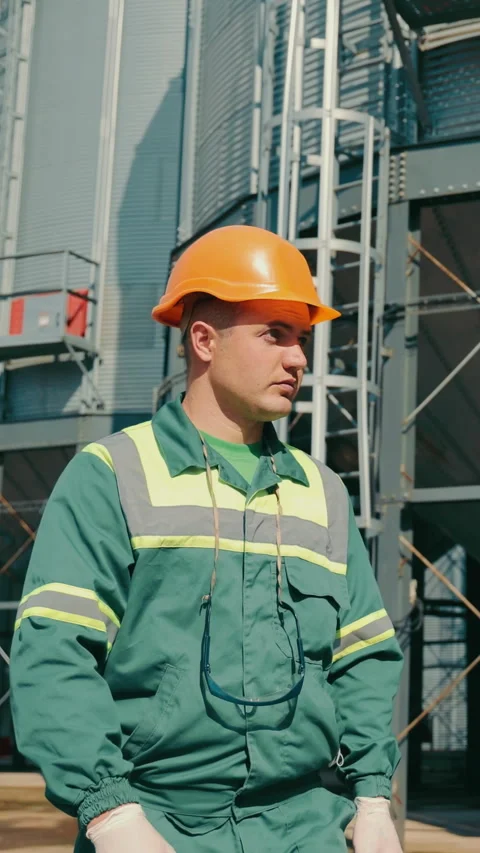 Engineer inspecting grain storage elevators. An employee of an agricultural Stock Footage 308646108