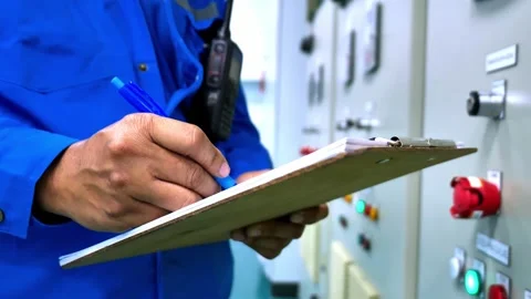Engineer Inspecting Industrial Power Control Cabinet 스톡 동영상 290925636