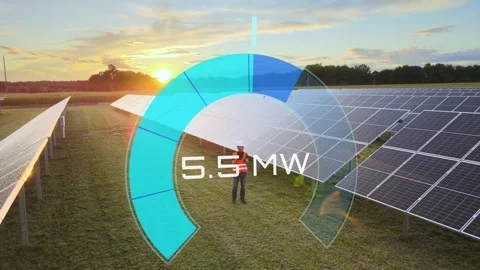 Engineer Inspecting Solar Farm with AI Performance Monitor Overlay aerial drone Stock Footage 346653820