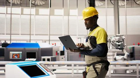 Engineer inspecting solar panel production lines using laptop Stock Photos