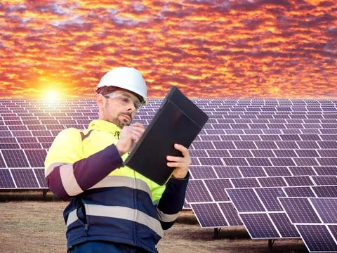 Engineer Inspecting Solar Panels at Sunset Stock Photos