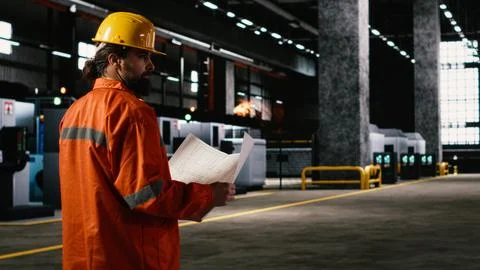 Engineer inspecting technical plans and sketches in heavy industry workshop Stock Photos