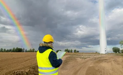 Engineer inspecting wind turbine construction site with rainbow after storm Stock Photos