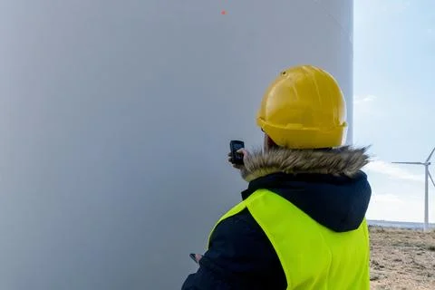Engineer inspecting wind turbine with electronic device for clean energy ge.. Stock Photos