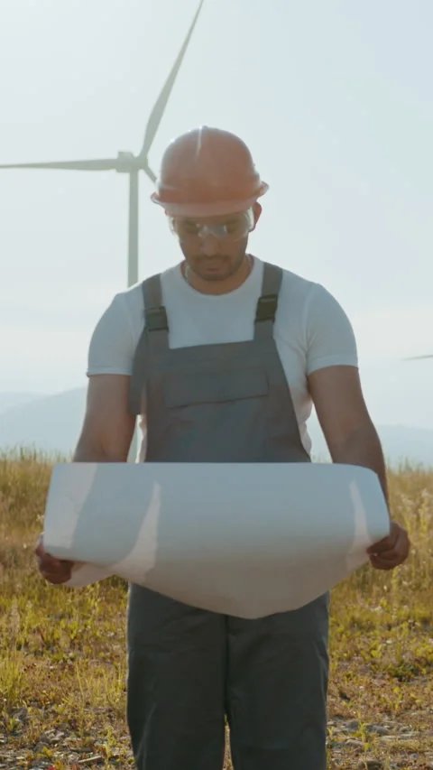Engineer Inspecting Wind Turbine Plans Stock Footage 318656458
