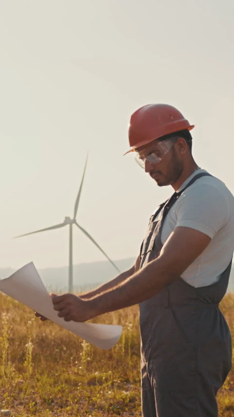 Engineer Inspecting Wind Turbine Plans Stock Footage 318656878