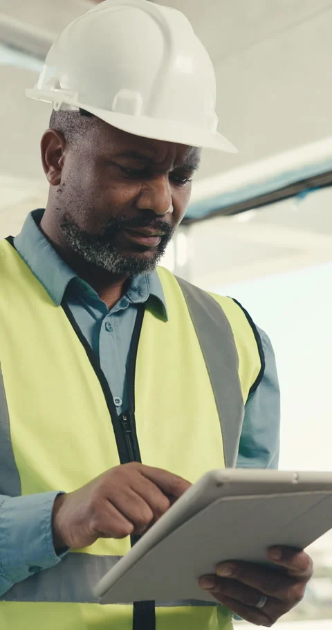 Engineer, inspection and man with tablet, building and typing report for Stock Footage 345577536