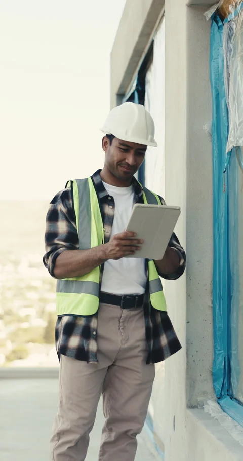 Engineer, inspection and man with tablet, outdoor and scroll research for Stock Footage 345581519