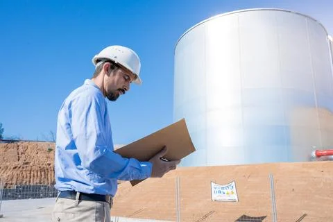 Engineer inspector control write a report outdoors at construction site. Copy Stock Photos