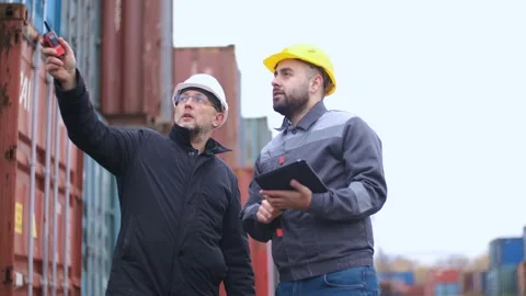 Engineer inspector gives instructions to port worker before loading containers Stock Footage 306217357