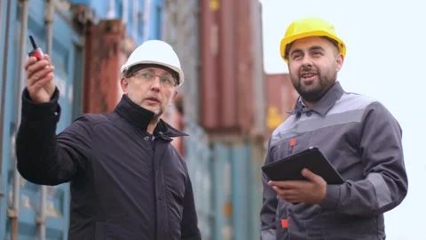 An engineer inspector gives instructions to a port worker before loading Video stock 306217429
