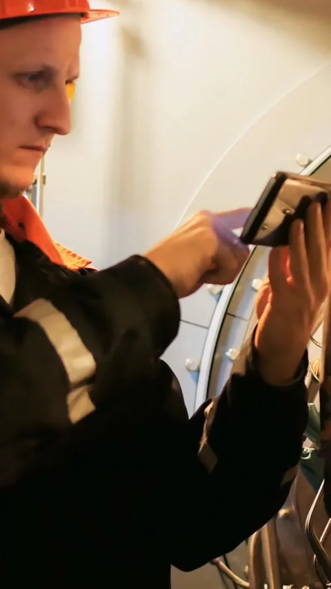 Engineer inspects aircraft engine turbine using mobile device to ensure safety Stock Footage 286974576