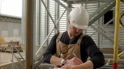 An engineer inspects the construction of grain storage silos. Stock Footage 271629361