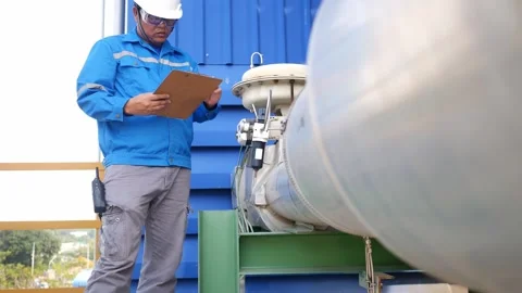 An engineer inspects a control valve installed in a stream pipe within a chemica Stockbeeldmateriaal 315352109