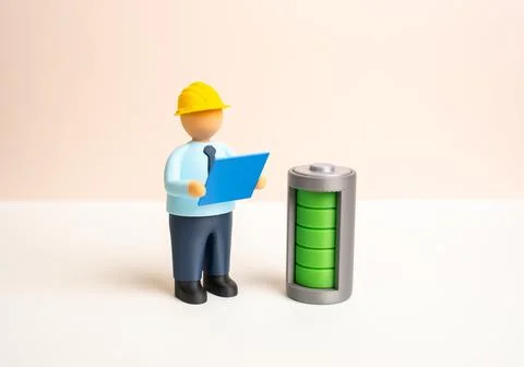 An engineer inspects an energy storage system. Autonomous and energy saving t Stock Photos