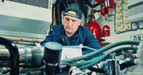 Engineer Inspects Machinery in Industrial Engine Room Stock Footage 323771793