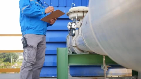 An engineer inspects measuring instruments installed in an industrial production Vidéo 304069667