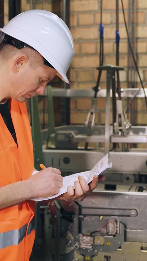 Engineer inspects quality of elevator parts, complex modern elevator equipment Video stock 300877813