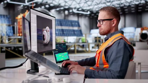 Engineer Inspects Solar Panels Of Satellite During Development Stock Footage 331151426