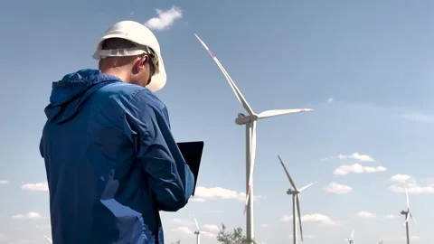 Engineer inspects windmill on renewable energy site. Wind industry engineer Stock-Footage 315890740