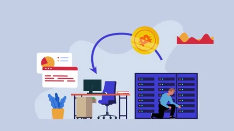 Engineer installing crypto mining farm in server room, data center cartoon .. Stock Footage 276340883