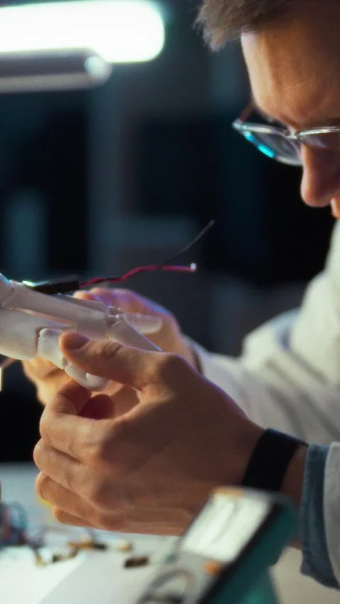 An engineer intently examines a robotic hands intricate design amidst wires Stock Footage 331532959