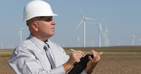 Engineer Job Write Agenda Wind Turbines Checking Maintenance Period Green Energy Stock-Footage 55340559