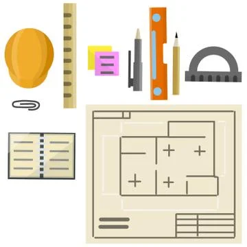 Engineer kit. Drawing plan of building. Ilustración de archivo