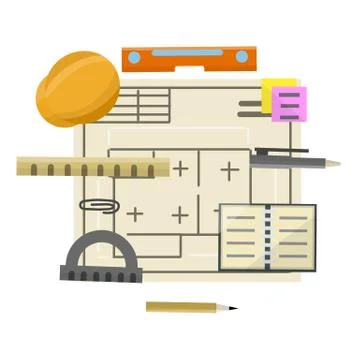 Engineer kit. Drawing plan of building. Design and project document Ilustración de archivo