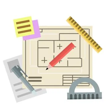 Engineer kit. Drawing plan of building. Design and project documents. Stock Illustration