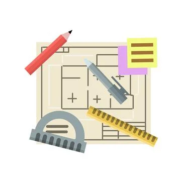 Engineer kit. Drawing plan of building. Design and project document Ilustración de archivo
