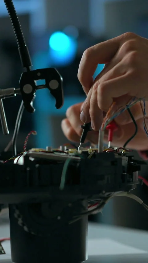 An engineer at a lab bench assembles a robotic device routing wires and fast Stock Footage 341283968