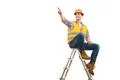 The engineer on the ladder gesturing on the white background Photo