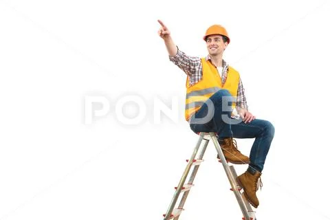The engineer on the ladder gesturing on the white background Stock Photos